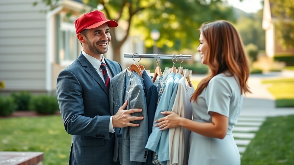 Dry-cleaning delivery service driver handing clean clothes at doorstep