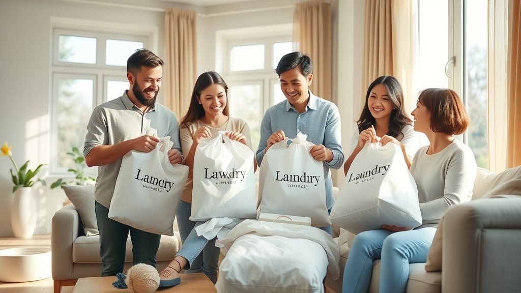 Family unpacks dry-cleaned clothes from delivery service at home