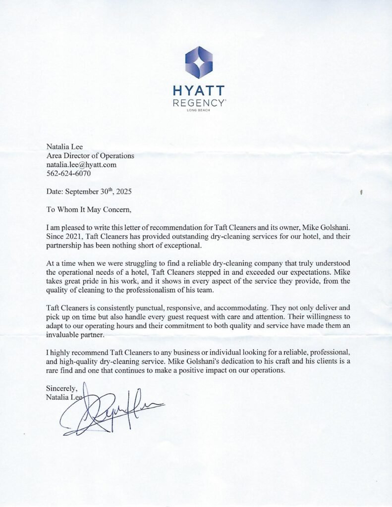 Taft Cleaners recommendation letter from the Area Director of Operations at The Hyatt Regency Long Beach (click to expand, opens in new tab)
