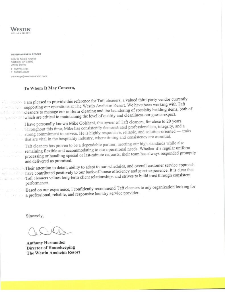 Taft Cleaners recommendation letter from the Director of Housekeeping at The Westin Anaheim Resort (click to expand, opens in new tab)