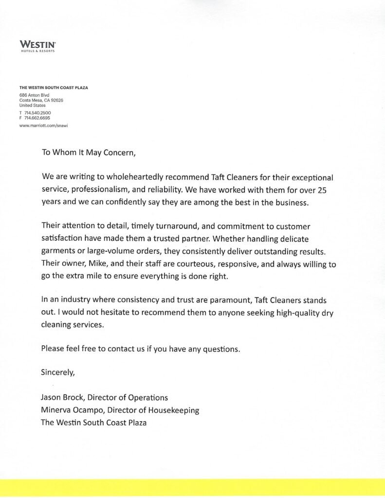 Taft Cleaners recommendation letter from The Westin South Coast Plaza in Costa Mesa (click to expand, opens in new tab)
